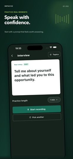 Impavio interview practice screen showing the prompt “Tell me about yourself and what led you to this opportunity.”