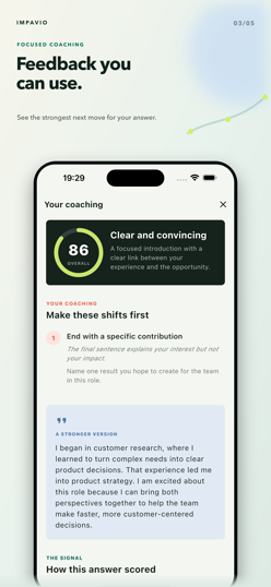 Coaching report with an 86 overall score and prioritized improvements
