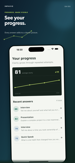 Progress screen with answer clarity trend and recent answers